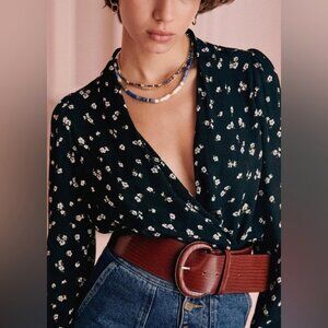 NWT Sezane Abelia Blouse in Black Jacquard Floral Faux Wrap Top 38 US 6